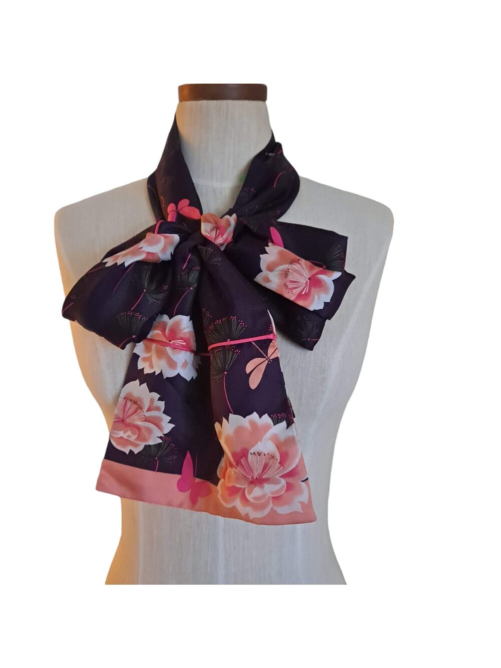 Burgundy, Pink & Beige 2 Ply Butterfly Floral Rectangular Silk Scarf - 66" X 8"